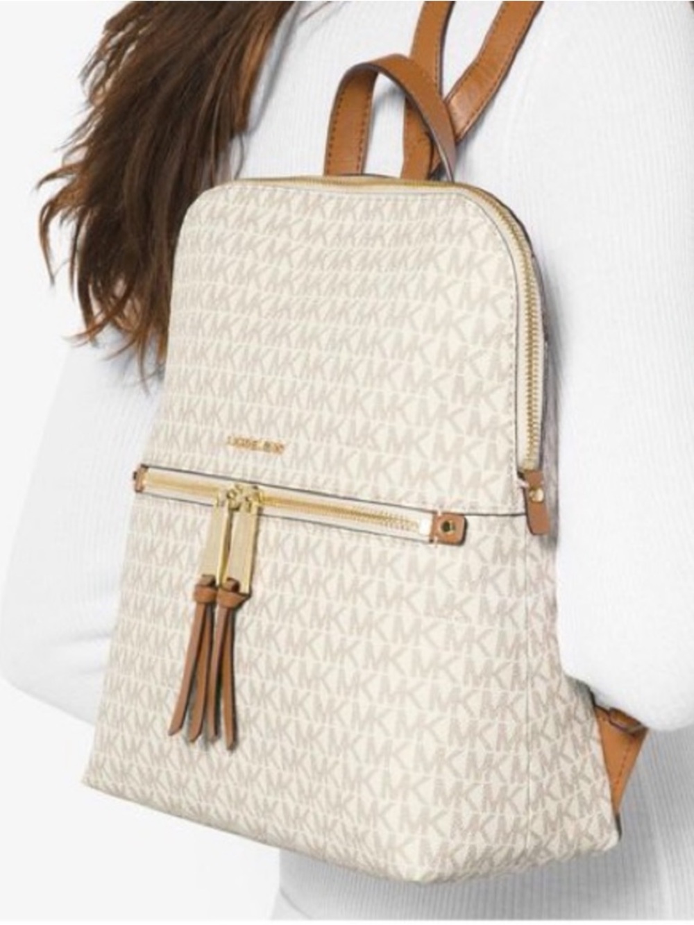 Michael Kors Rhea Zip Medium Backpack Cream and Tan Logo